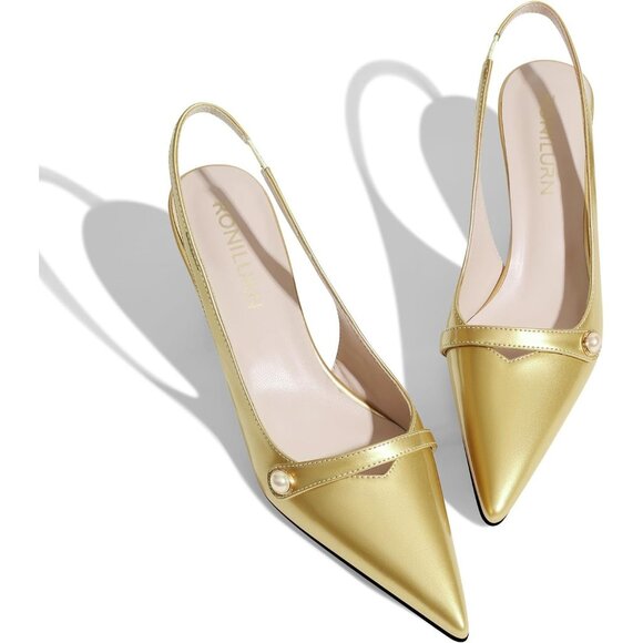 Women Kitten Heels Slingback Low Heel Pumps Dress Shoes Closed Pointed Toe Gold - Picture 3 of 6